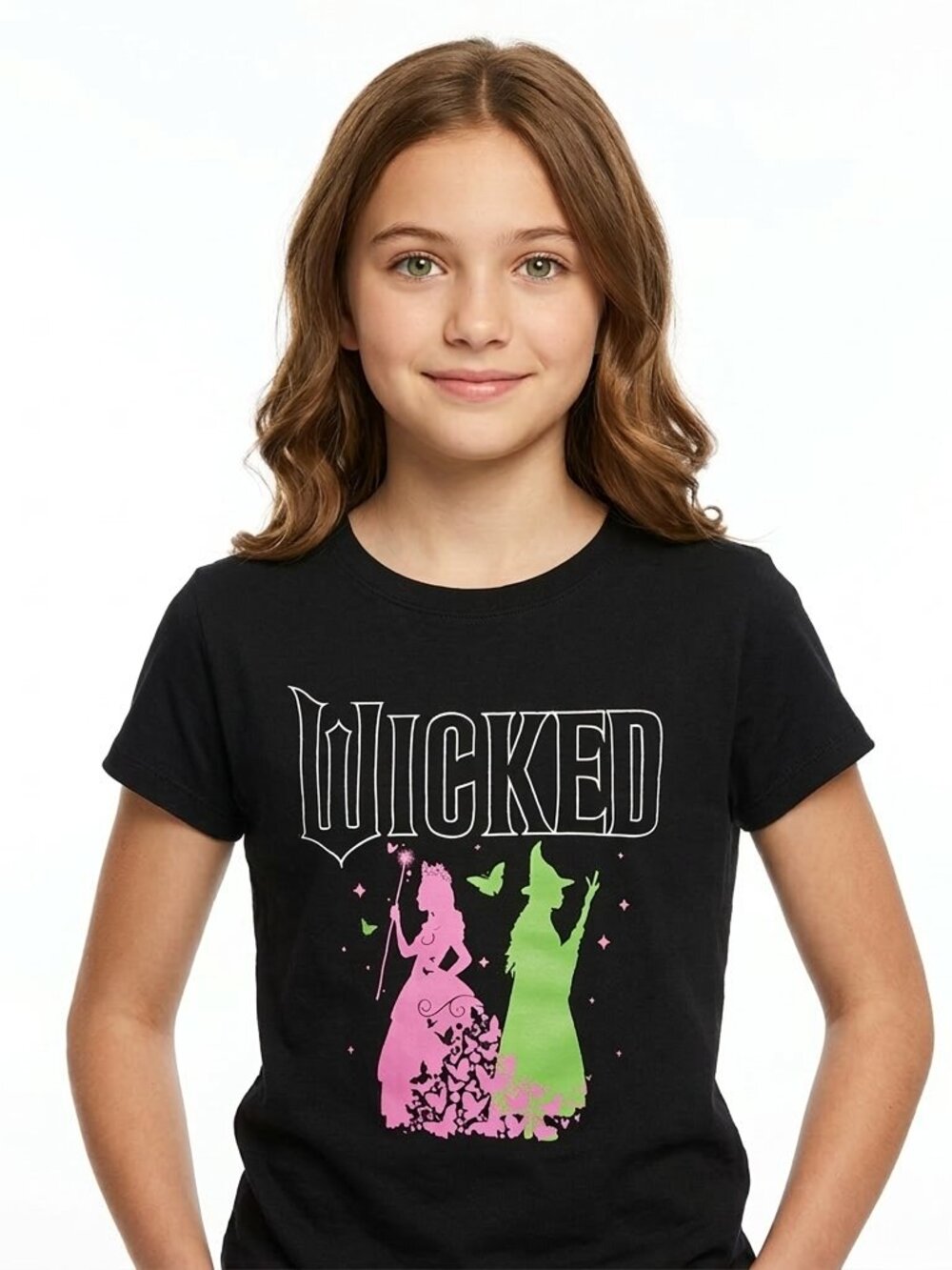 Girl's Black Wicked T-Shirt with Green/Pink Witches - L (14)